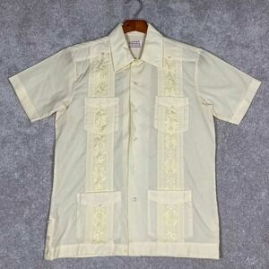 VTG 70s 80s Yucateca Men's Ivory Cream Guayabera Hawaiian Wedding Shirt Medium